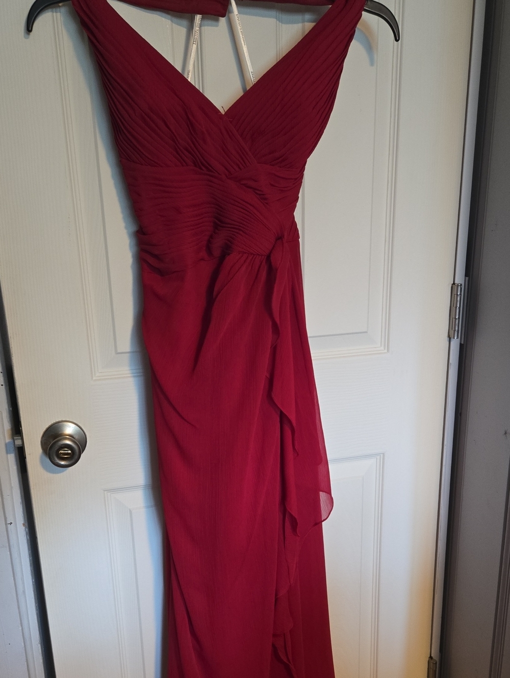 David's Bridal Burgundy V-Neck Halter Maxi Dress with Waist Knot